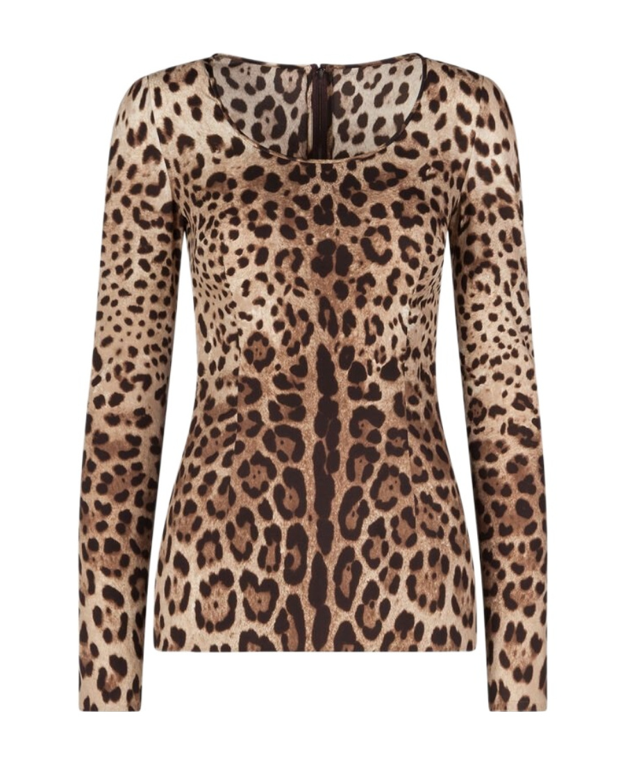 Dolce & Gabbana Leopard Print Silk Blend Long Sleeve Top In Brown