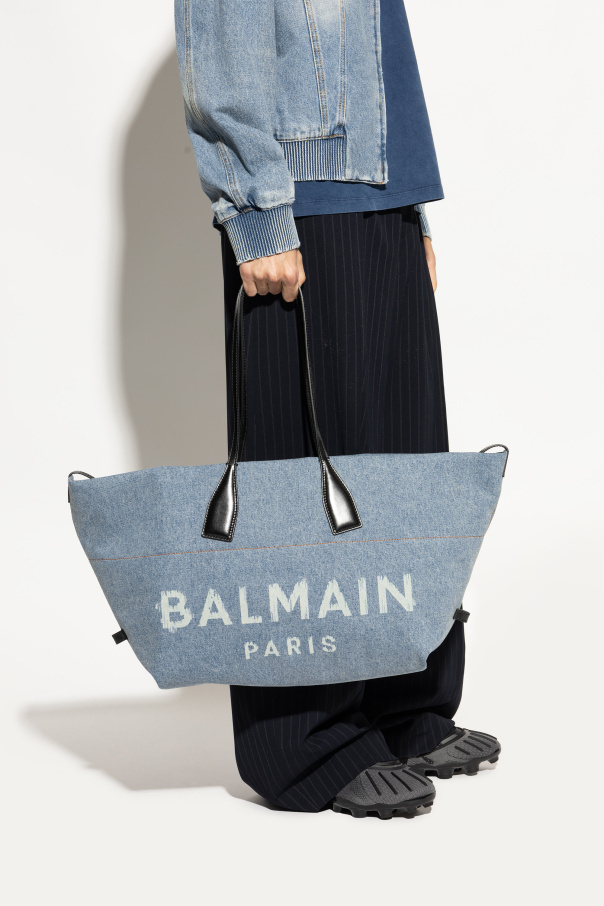 Balmain Large Logo-print Denim Tote Bag In Blue