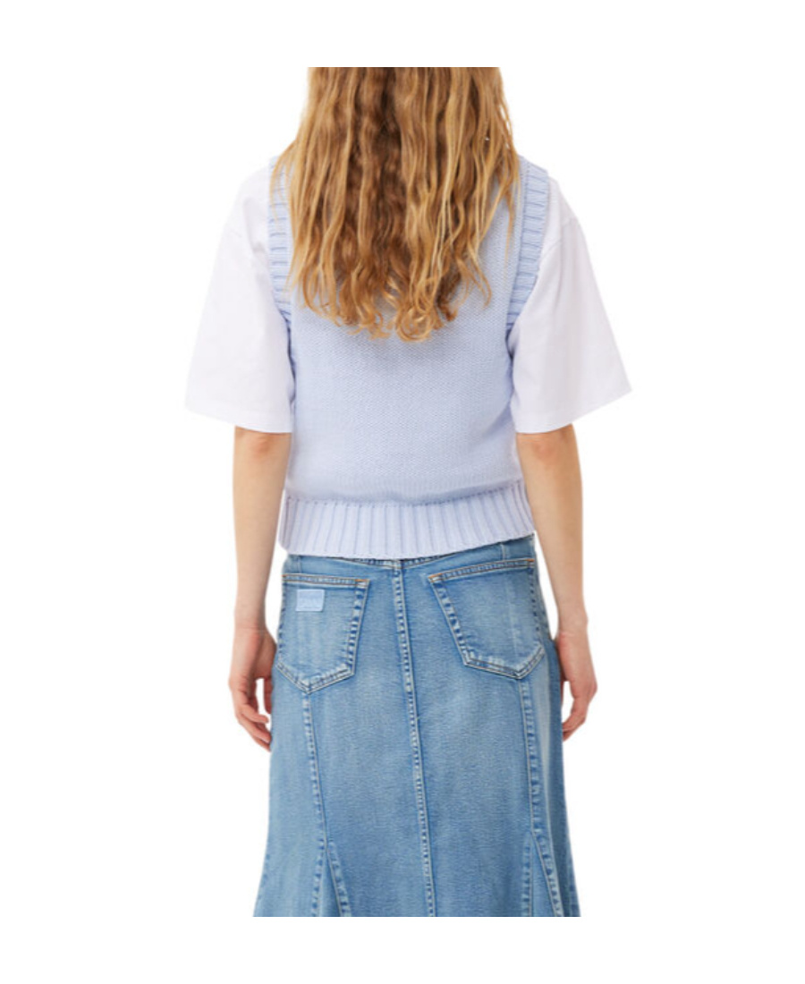 Ganni Intarsia-knit Logo-organic-cotton Vest In Blue
