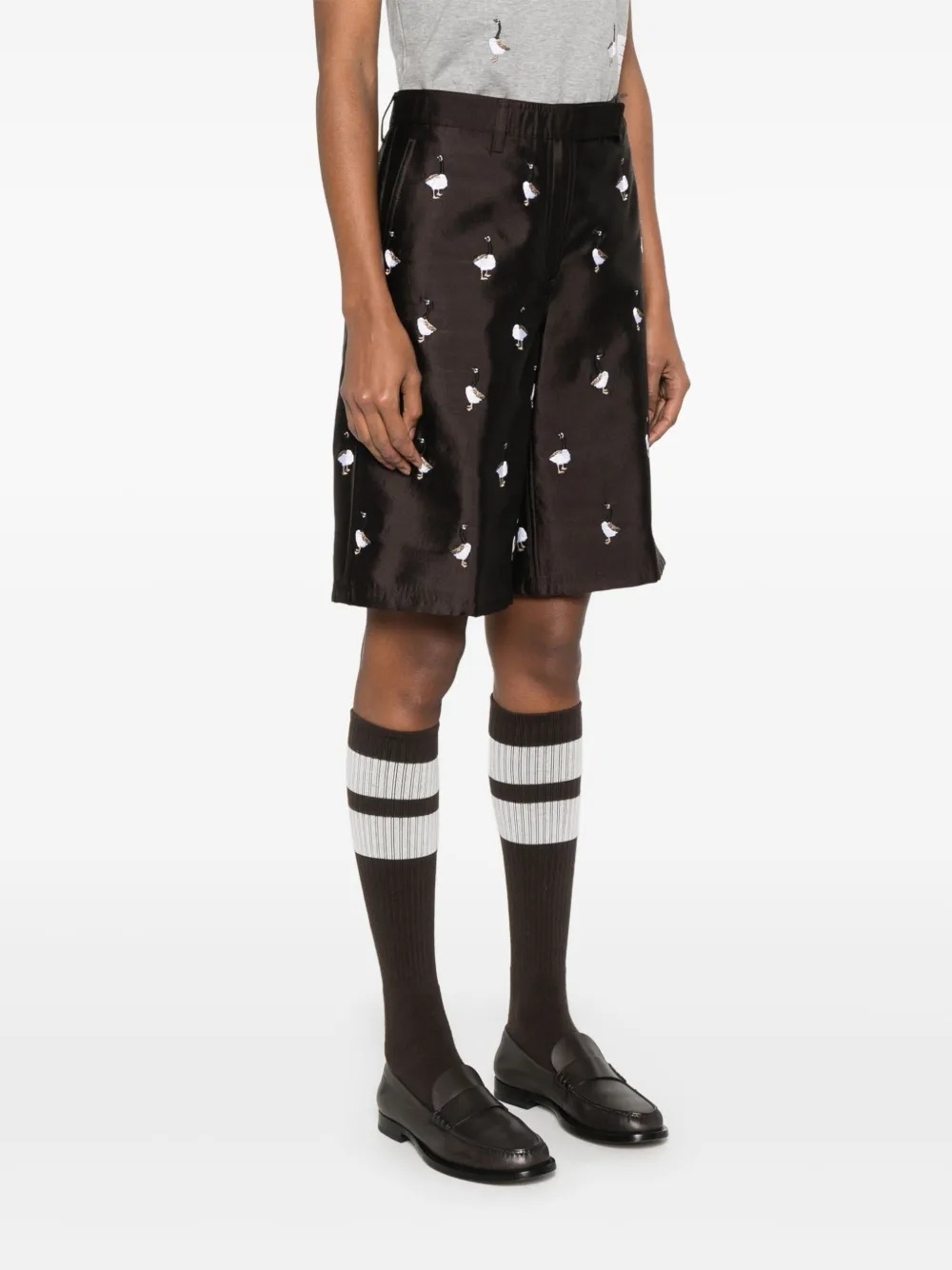 Thom Browne Goose-embroidered Wide-leg Shorts In Brown