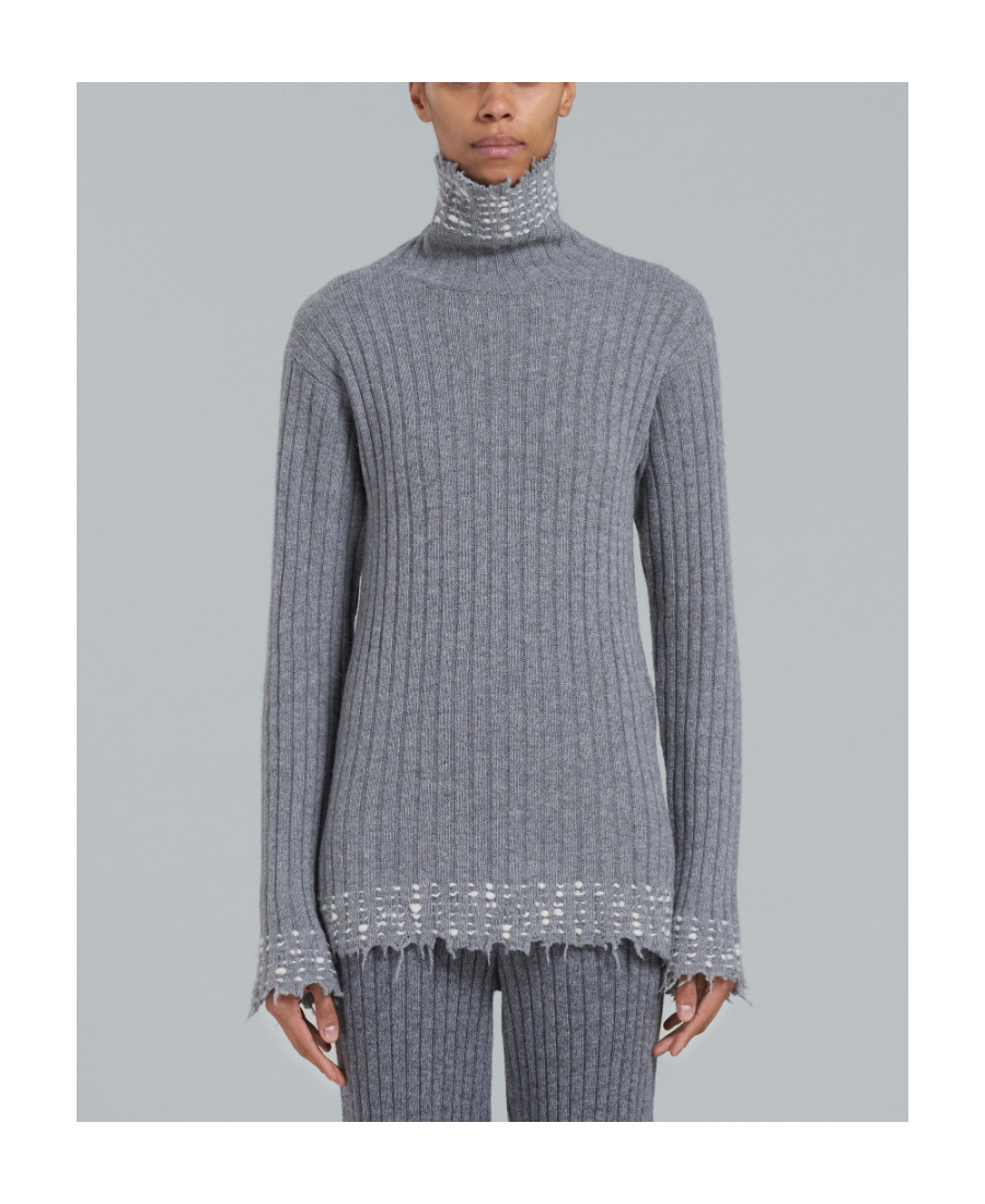 Marni Raw-cut Edge High-neck Knitted Jumper In Gray