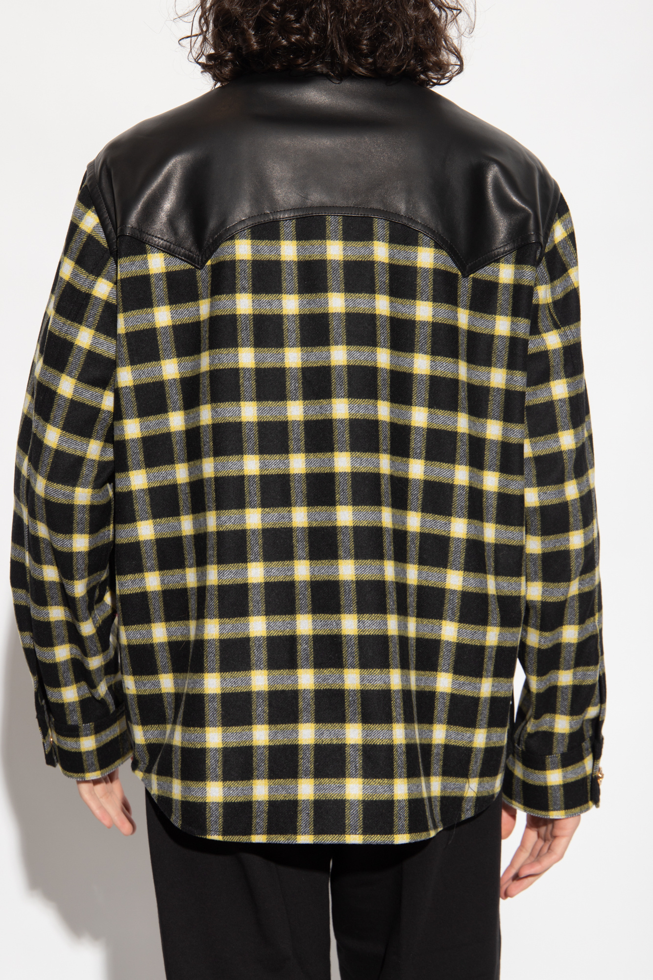 Versace Leather Shirt Checkered Sleeves In Black