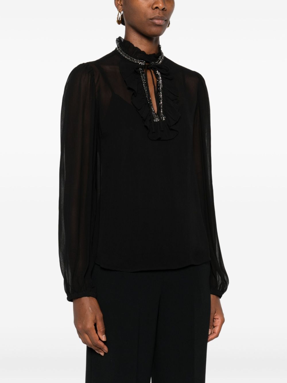 Twinset Ruffled Black Blouse With Bead Embellishments In Black