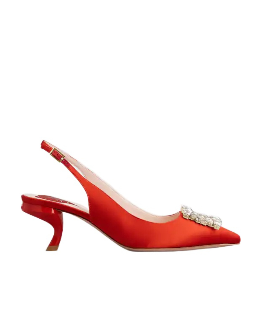 Roger Vivier Virgule Strass Buckle Slingback Pumps In Satin In Red