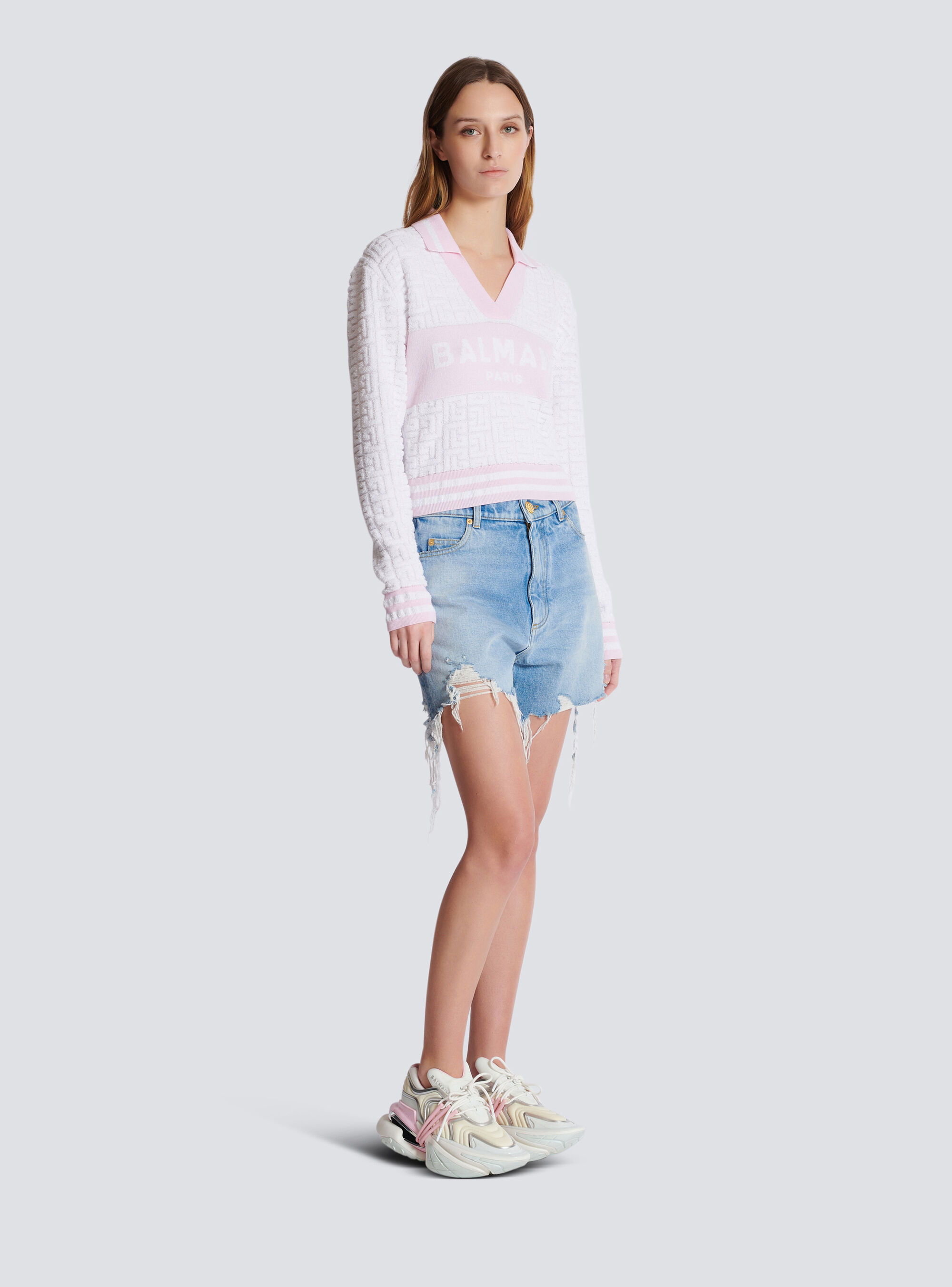 Balmain Pb Monogram-jacquard Polo Shirt In White