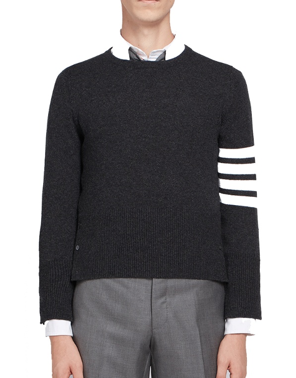 Thom Browne Ribbed Hem Crewneck Striped Sleeve Button Cuffs In Black
