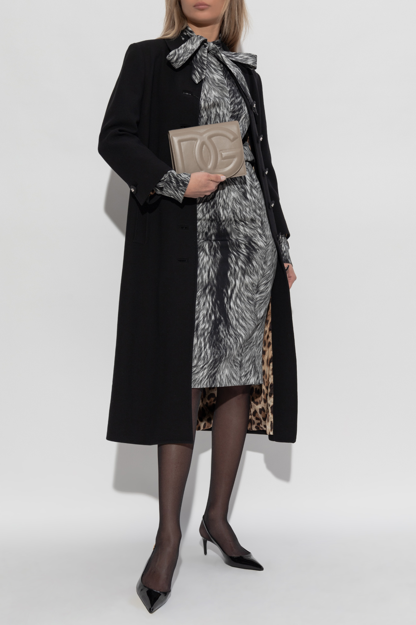 Dolce & Gabbana Fur-print Charmeuse Shirt With Pussy-bow In Gray