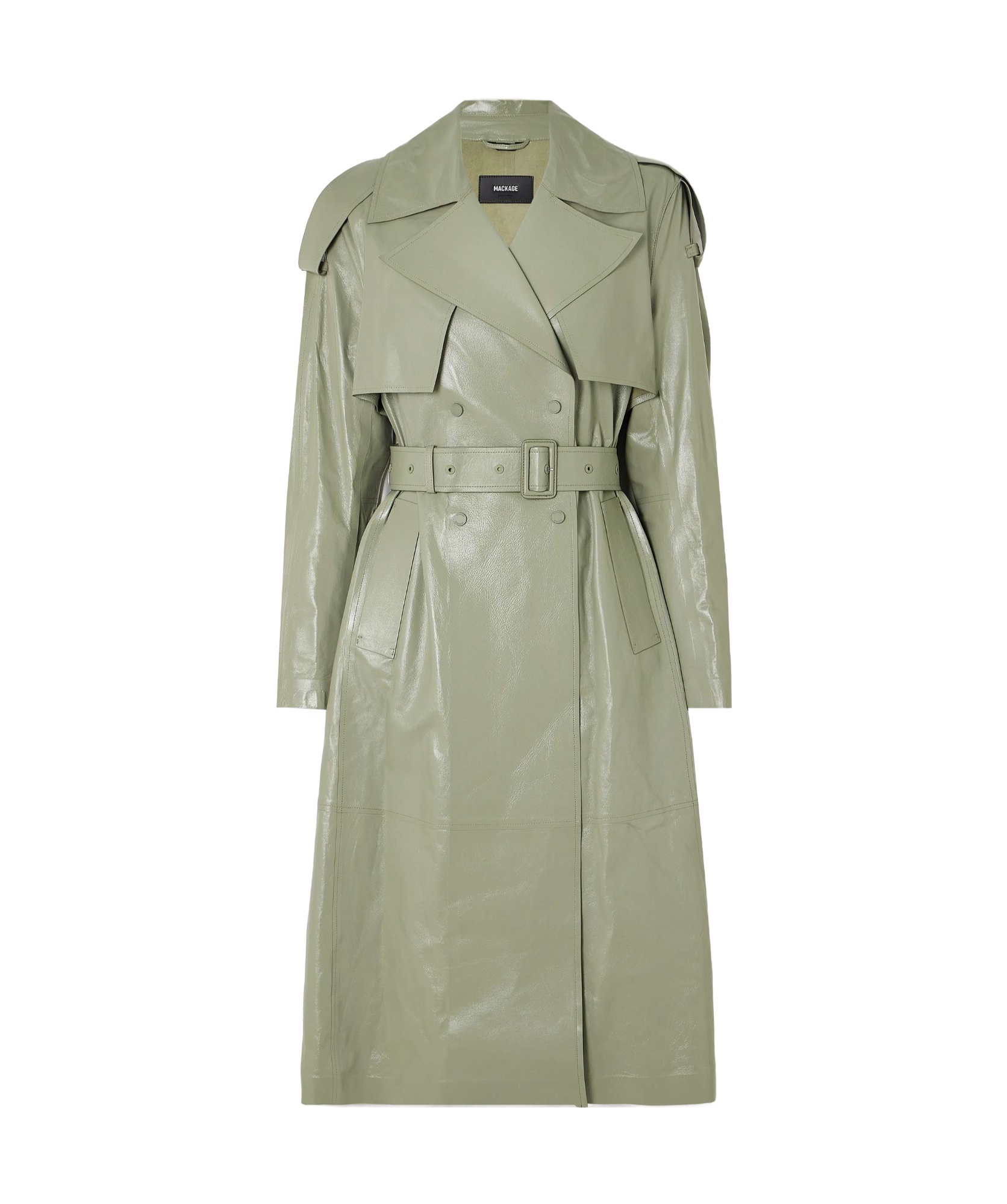 Mackage Carmela Double-breasted Belted Leather Trench Coat In Green