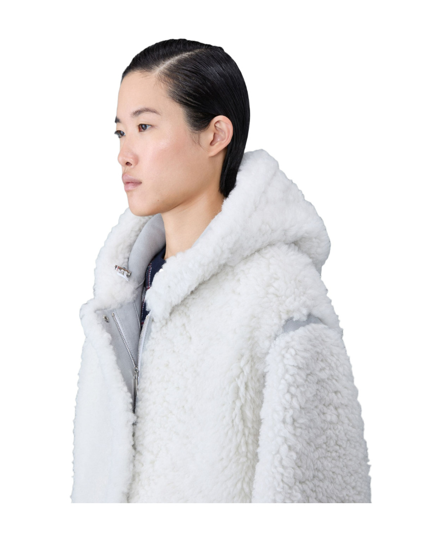 Thom Browne Stripe-trim Hooded Shearling Coat In White