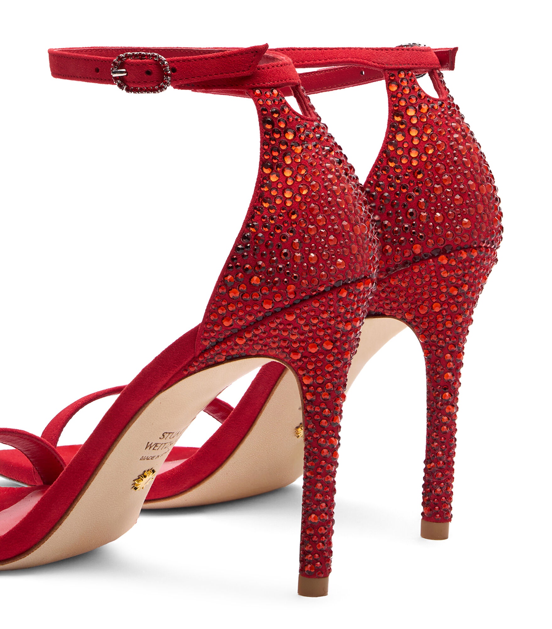 Stuart Weitzman Nudistcurve Royale 100mm Rhinestone-embellished Sandals In Red