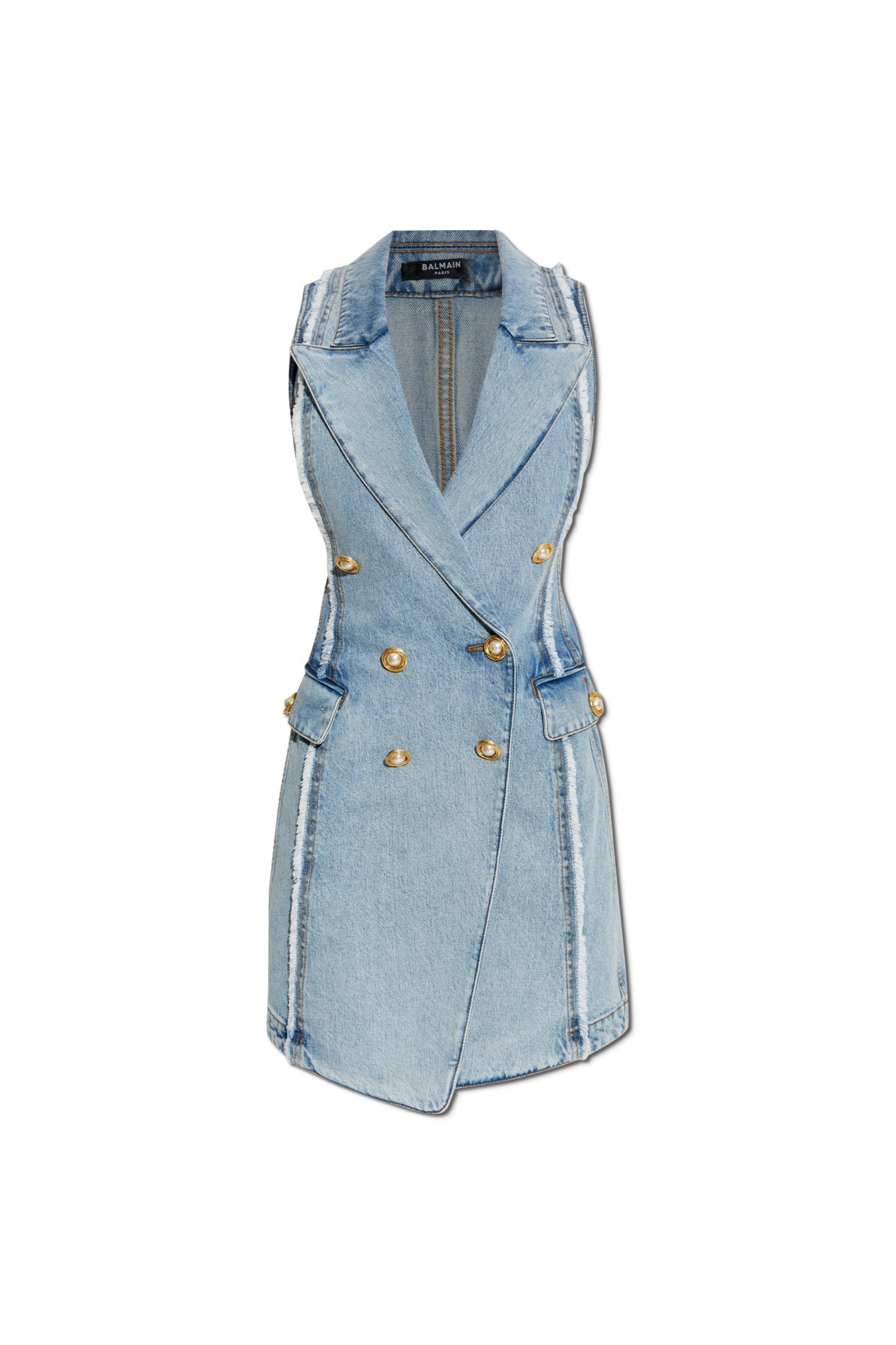 Balmain Tailored Denim Vest Dress In Blue