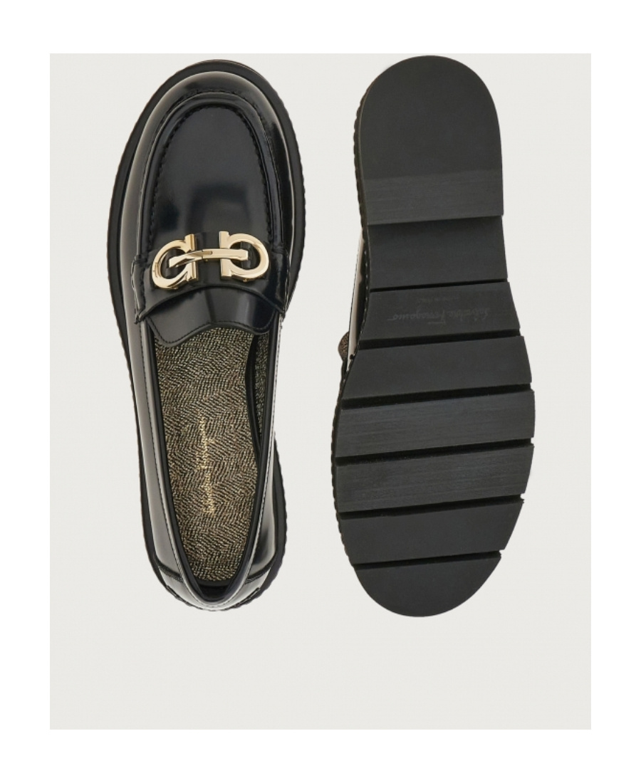 Ferragamo Black Ofelia Lug Moccasin With Gancini Ornament In Black