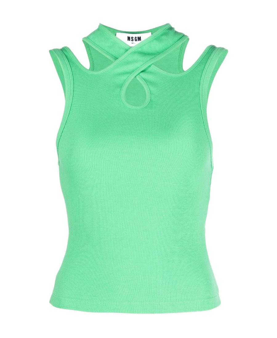 Msgm Light Green Ribbed Tank Top With Cut-out Detailing In Cotton Woman In Green