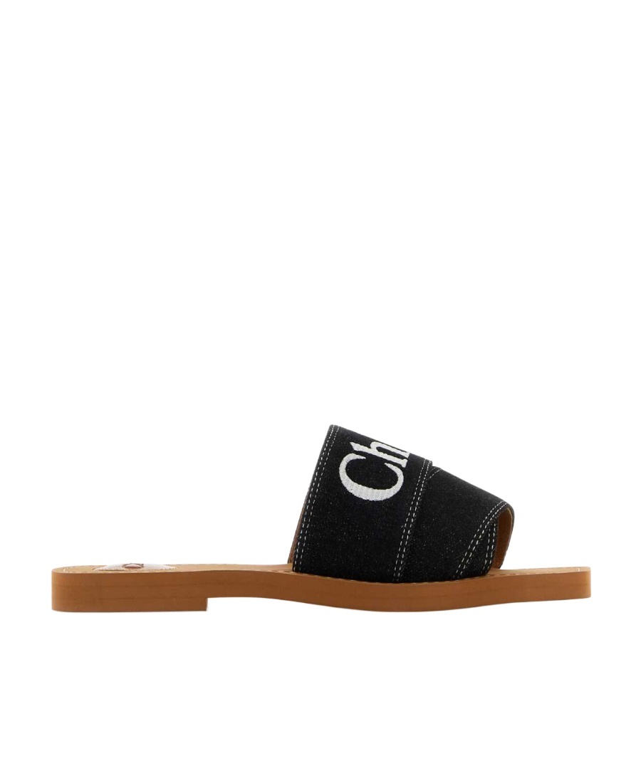 Chloé Woody Flat Logo Ribbon Slide Sandals In Black