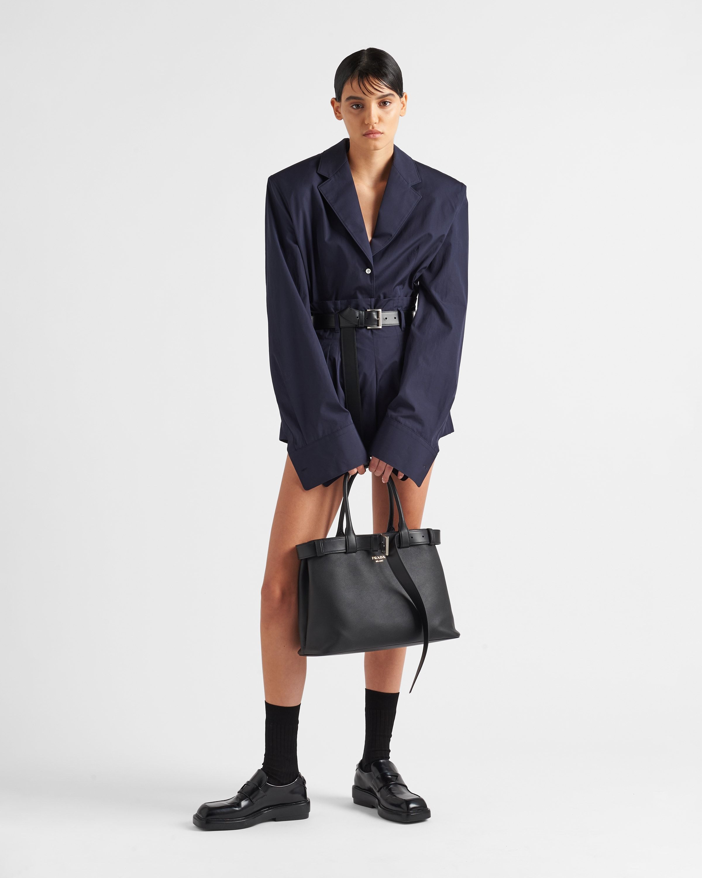 Prada Buckle Large Leather Handbag With Belt In Black
