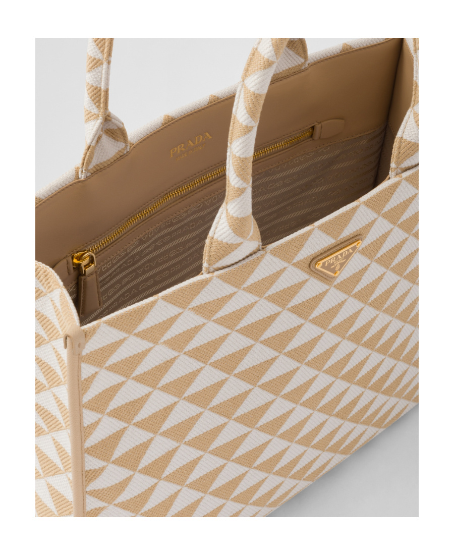 Prada Large Symbole Embroidered Fabric Handbag In Nude
