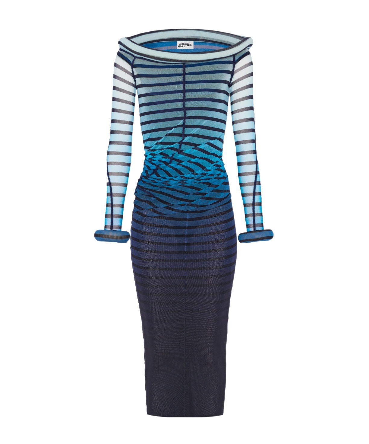 Jean Paul Gaultier Elegant Mesh Boat Neck Long Dress With 3d Collar And Cuff In Blue