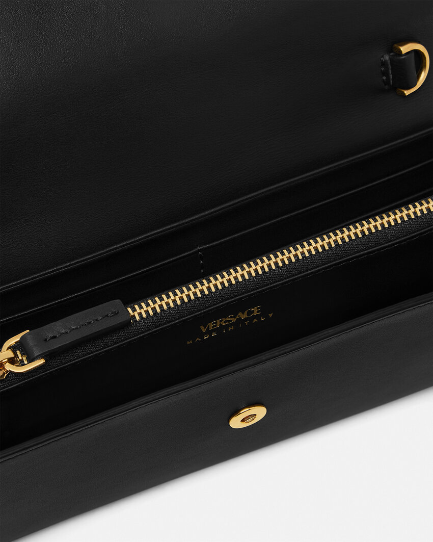 Versace V-logo Chain Clutch Bag In Black