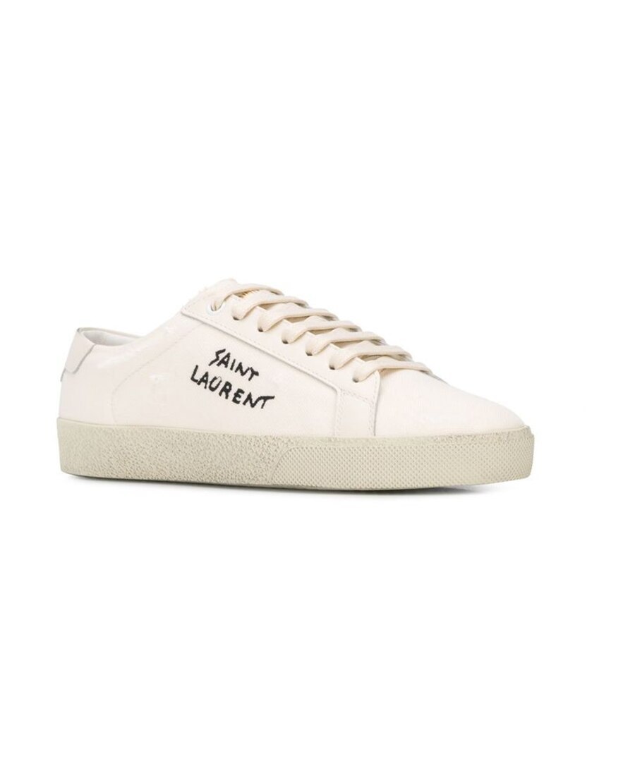 Saint Laurent Court Classic Distressed Logo-embroidered Canvas And Leather Sneakers In White
