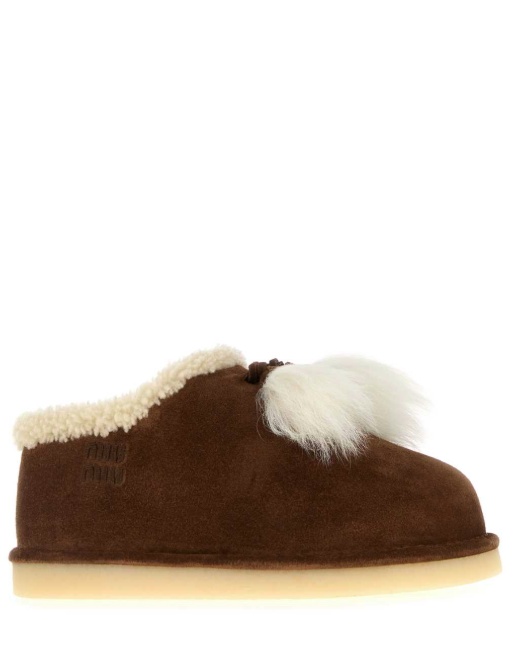 Miu Miu Suede Ankle Loafers Fur Trim In Burgundy