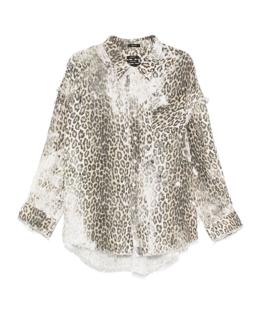 R13 Shredded Seam Drop Neck Leopard Print Button-up Shirt In White