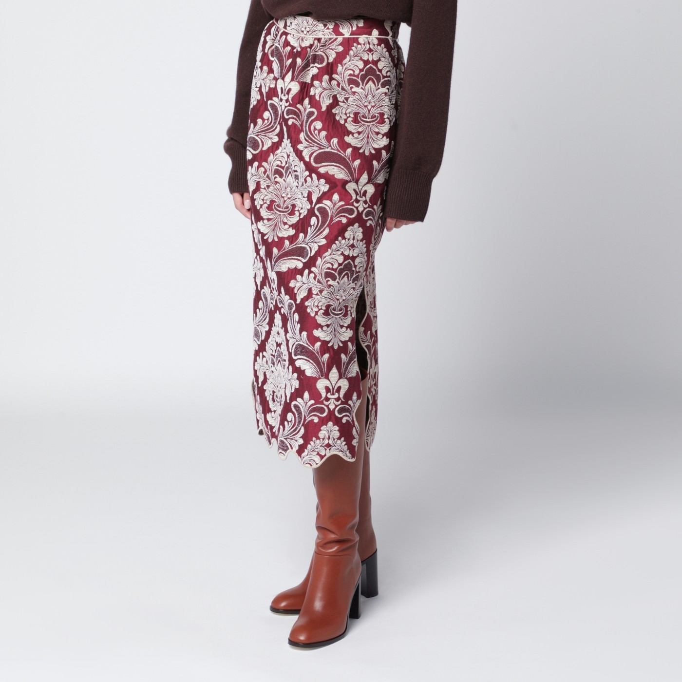 Farm Rio Patterned-jacquard Scallop-hem Midi Skirt In Burgundy