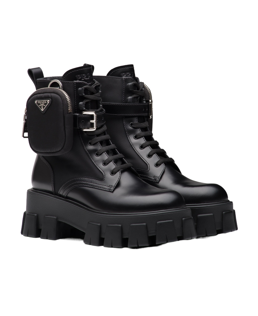 PRADA MONOLITH LEATHER AND NYLON FABRIC BOOTS 