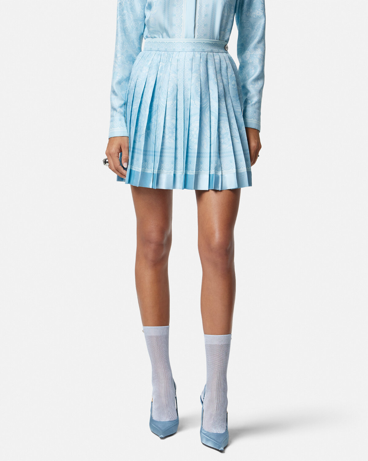 Versace Barocco Print Silk Mini Skirt In Blue
