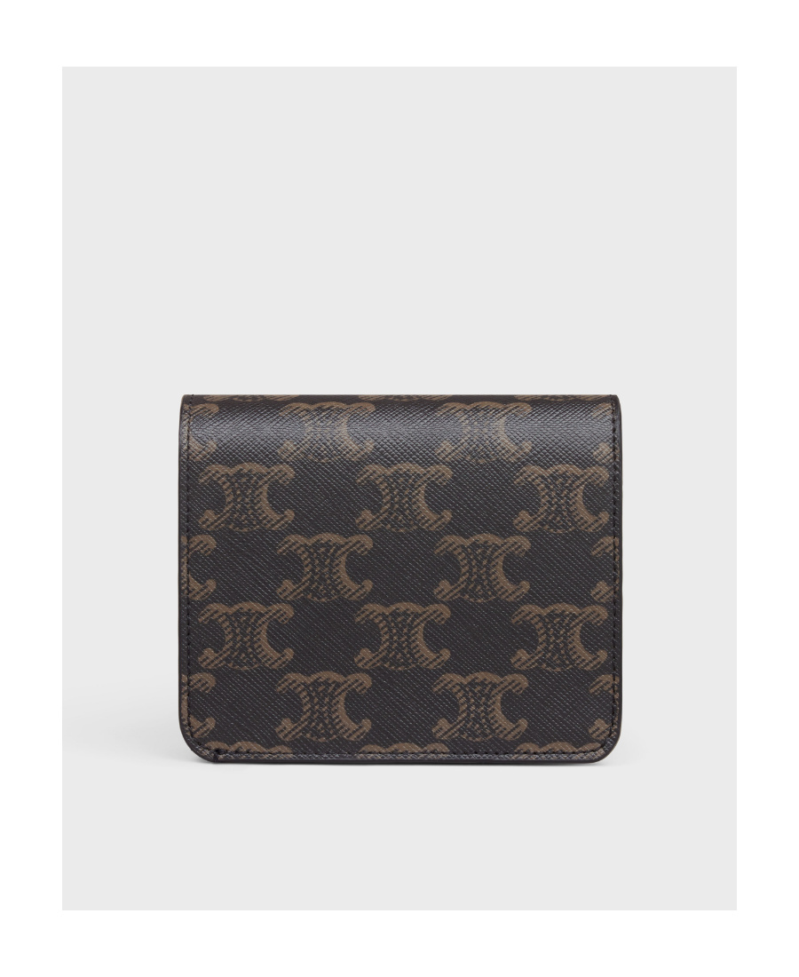 Celine Triomphe Small Wallet In Brown Canvas With Leather Trims For Women In Black