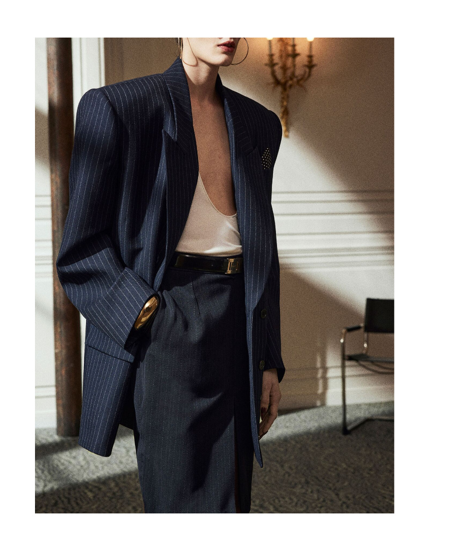 Saint Laurent Striped-wool Pencil Skirt In Blue