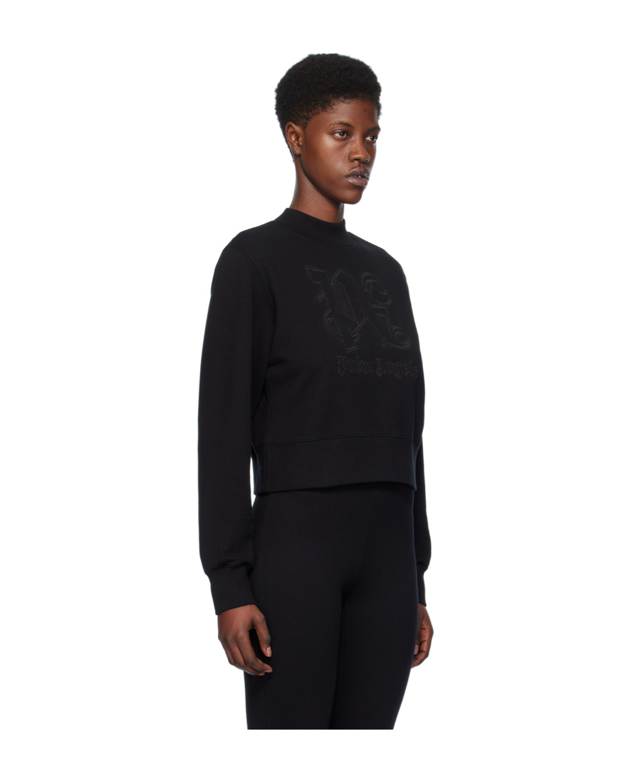 Palm Angels Cropped Cotton Sweatshirt With Ribbed Crew-neck In Black
