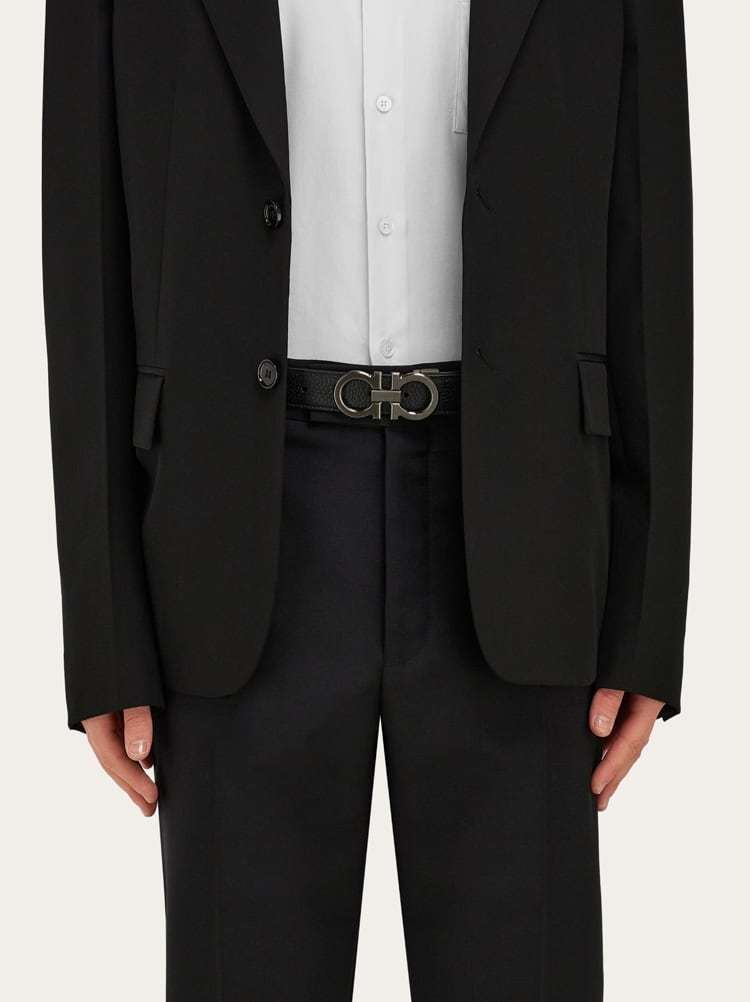 Ferragamo Men Textured Leather Belt With Iconic Gancini Buckle In Black