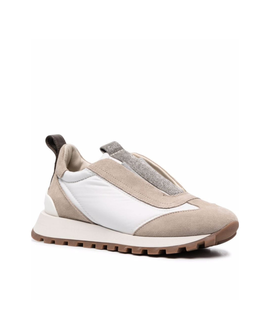 Brunello Cucinelli Mixed Leather Slip-on Runner Sneakers In White