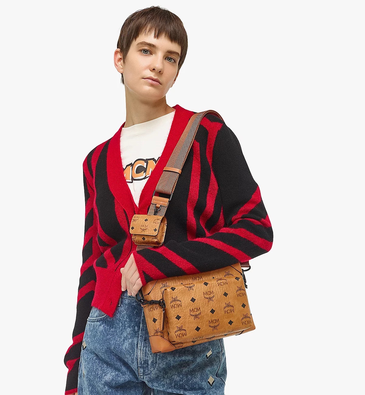 Mcm Logo Details Satchel In Brown