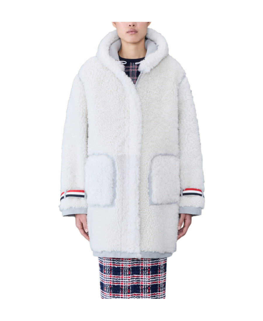 Thom Browne Stripe-trim Hooded Shearling Coat In White