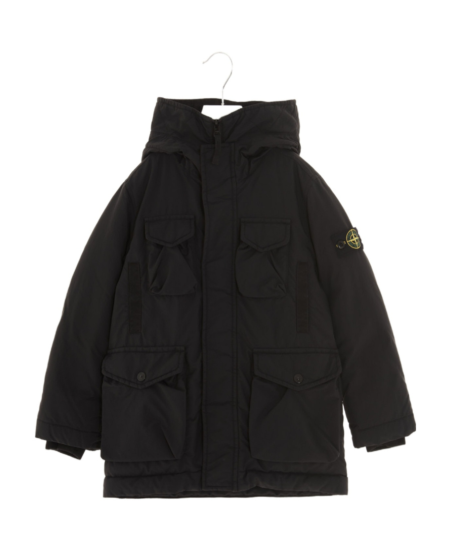 Stone Island Logo-patch Sleeve Hooded Coat In Black