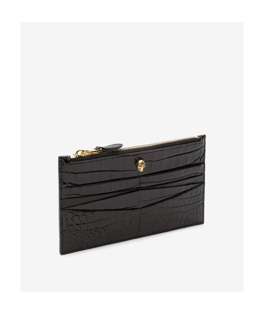 Alexander Mcqueen Flat Zip Crocodile-effect Wallet In Black
