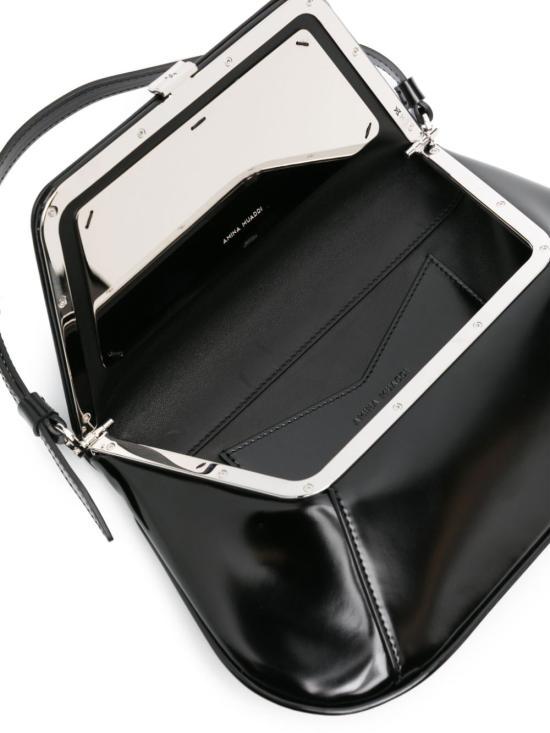Amina Muaddi Leather Handbag With Curved Base And Reptile Motif Embossing In Black