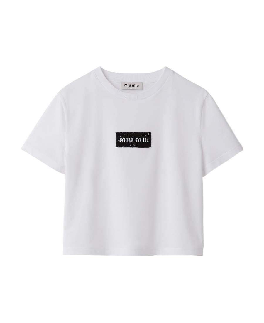 Miu Miu Sequin-logo Cotton T-shirt In White