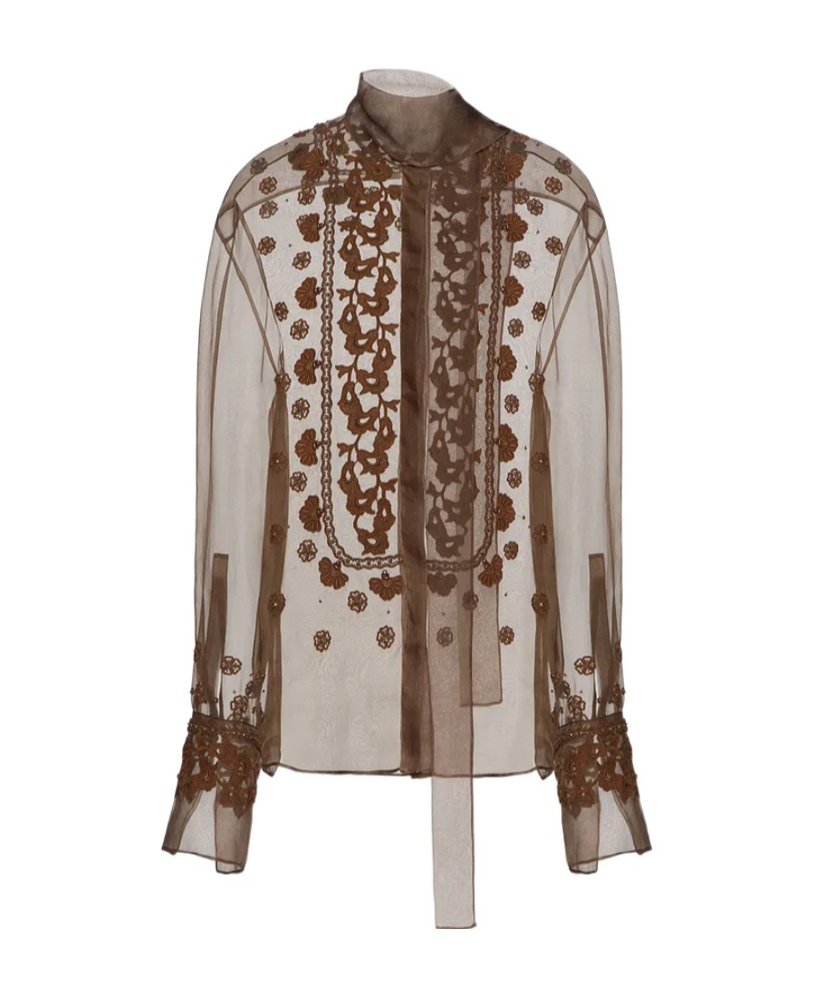 Valentino Embroidered Organza Shirt In Brown