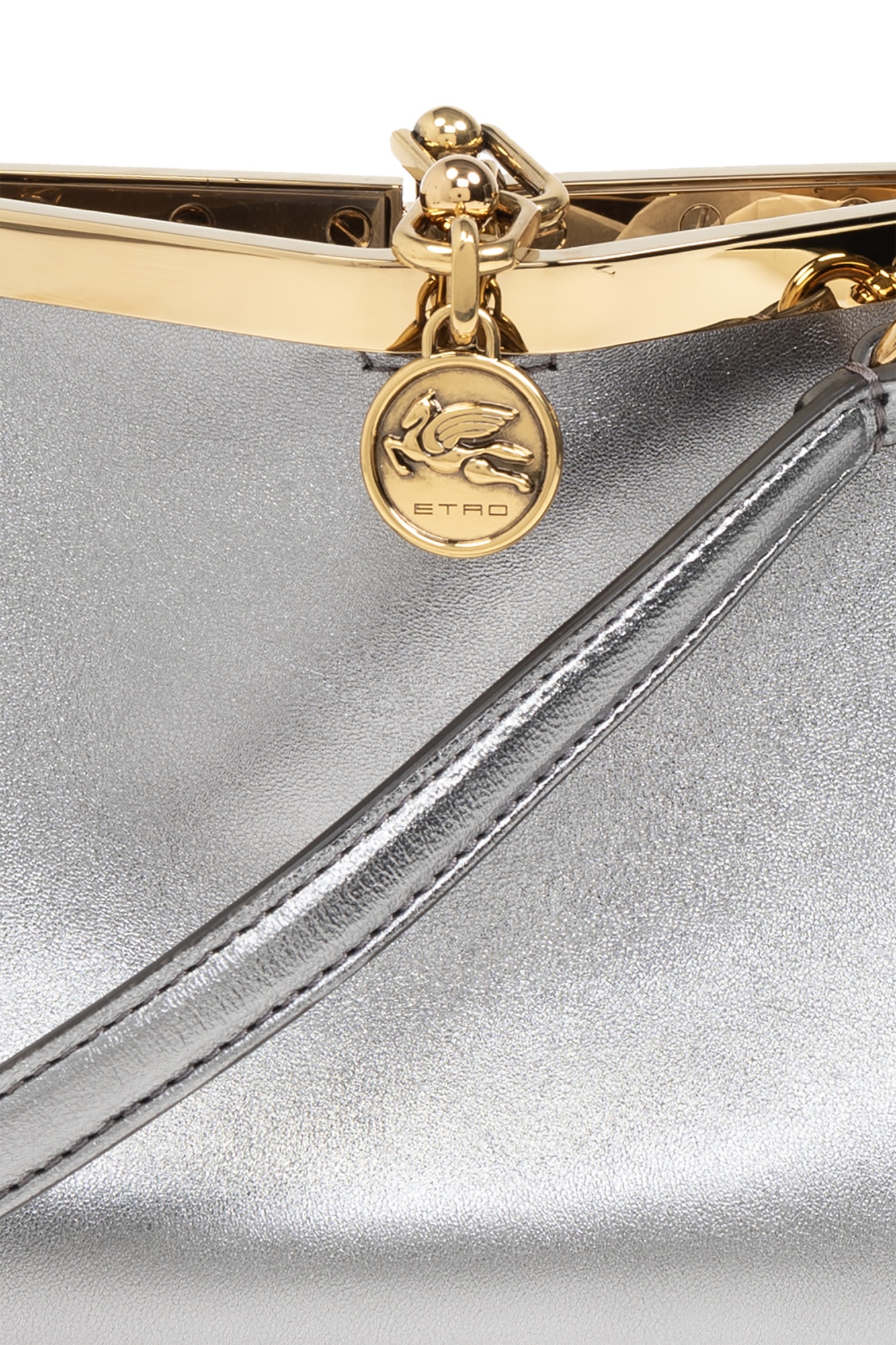 Etro Logo Charm Metallic Shoulder Bag In Gray
