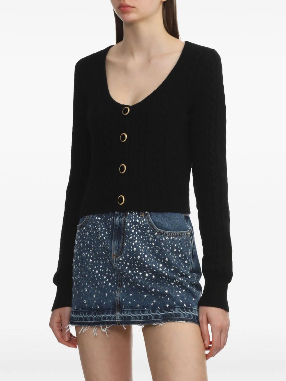 Alessandra Rich Cable-knit Wool Cardigan In Black
