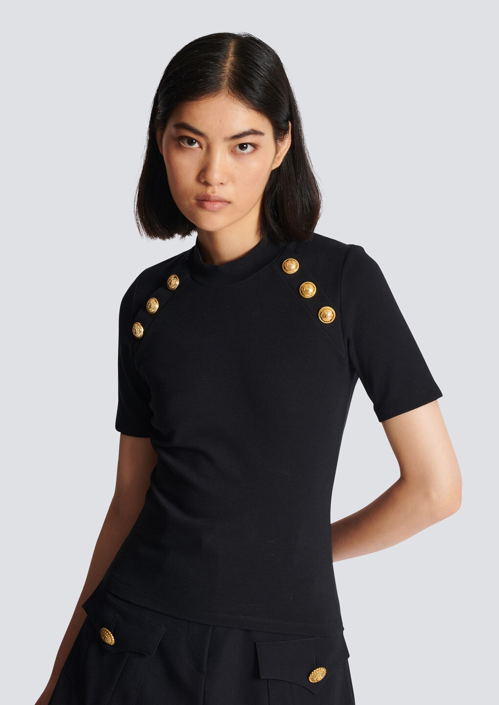 Balmain Sleeveless Black Crop Knit Top With Gold Buttons