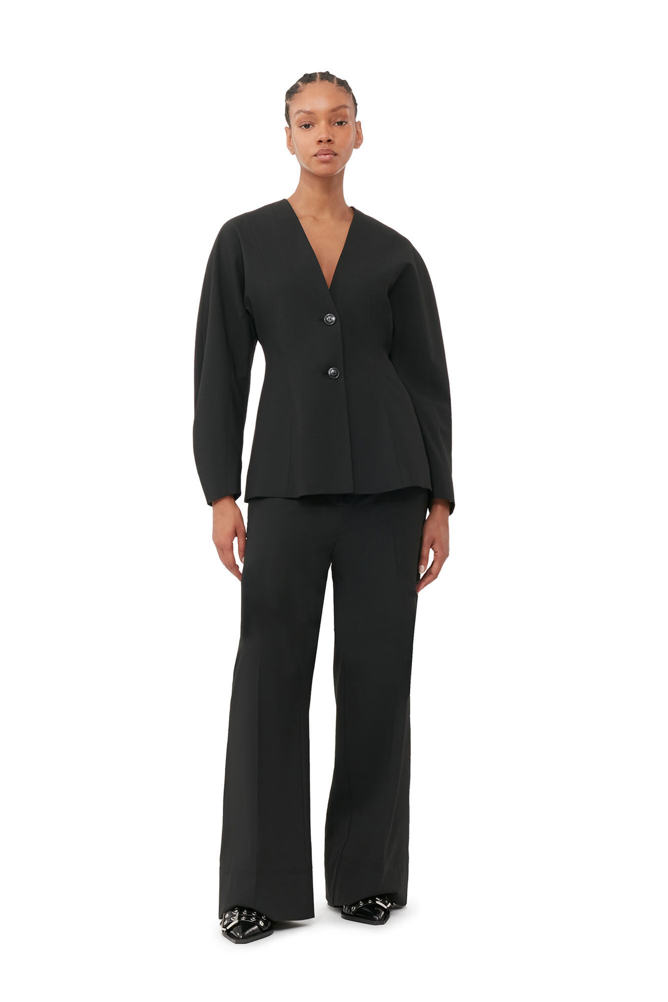 Ganni Black Fitted Drapey Melange Blazer In Black