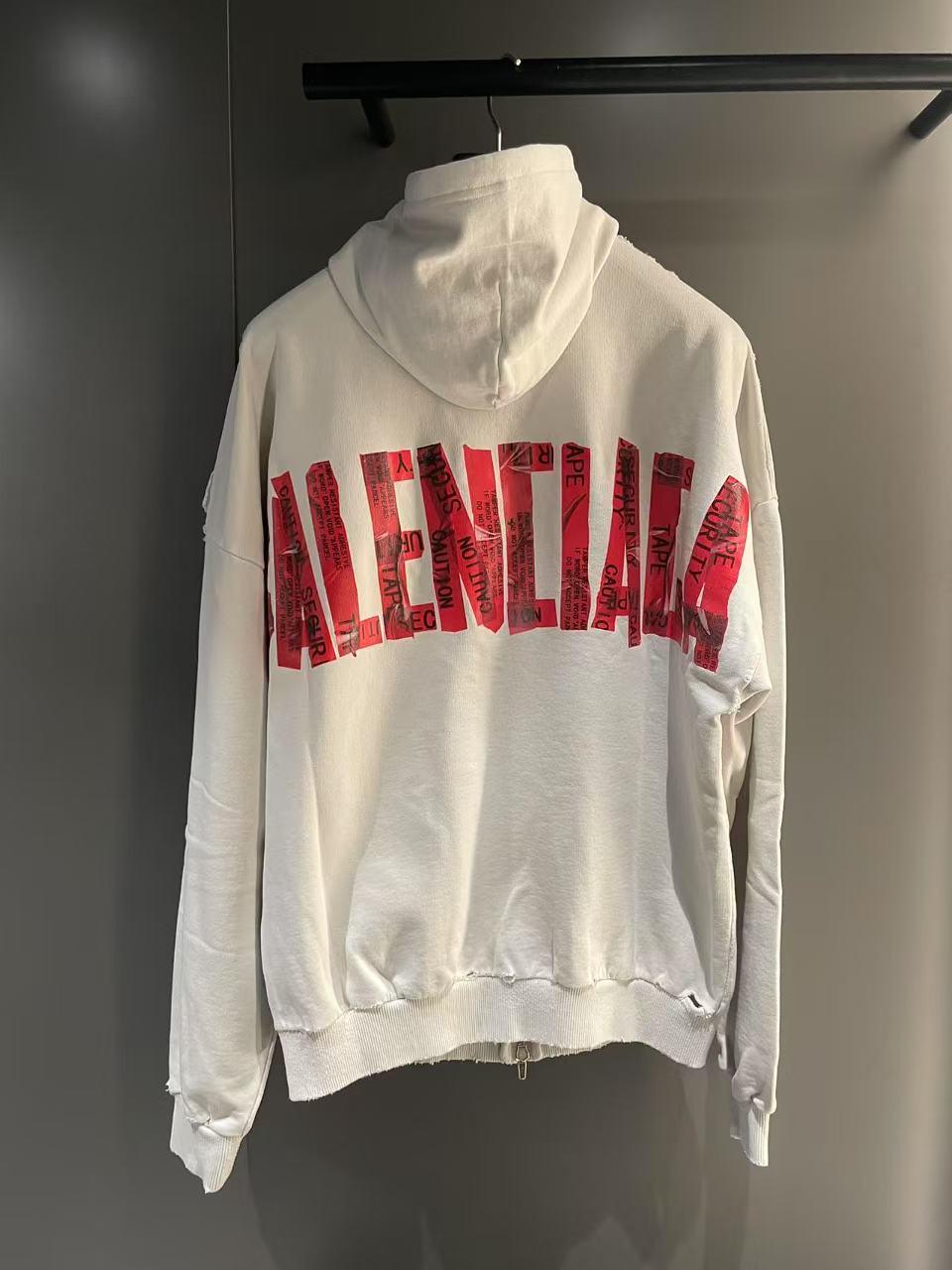 BALENCIAGA MEN'S SECURITY TAPE ZIP-UP HOODIE LARGE FIT IN DIRTY WHITE/RED 