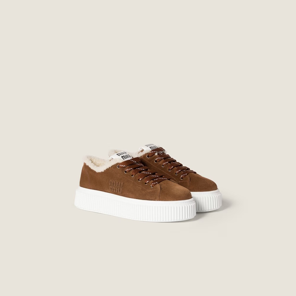 Miu Miu Suede And Shearling Sneakers In Brown