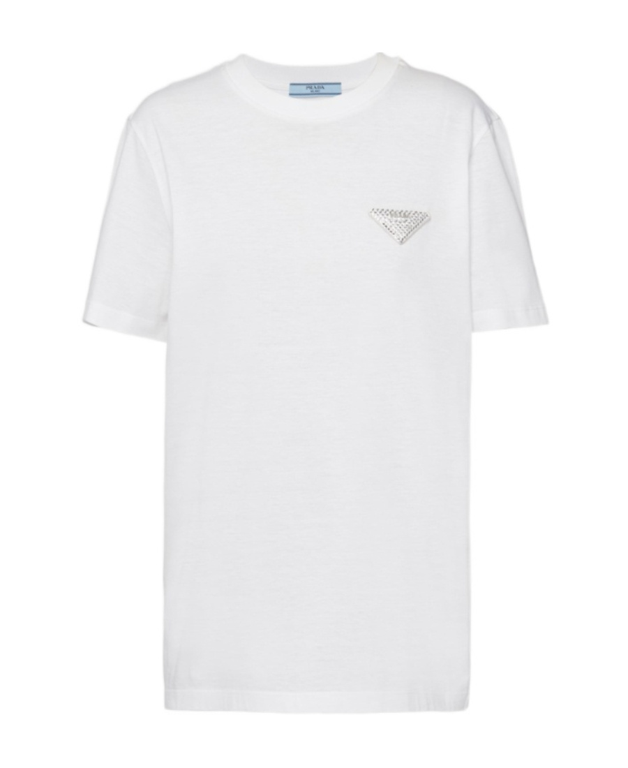 Prada Womens White Logo-plaque Crystal-embellished Cotton T-shirt In White