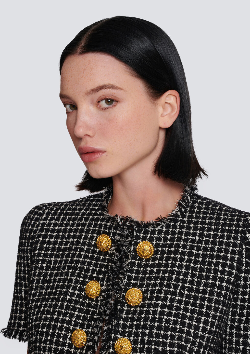 Balmain Cropped Embellished Cotton-blend Tweed Jacket In Black