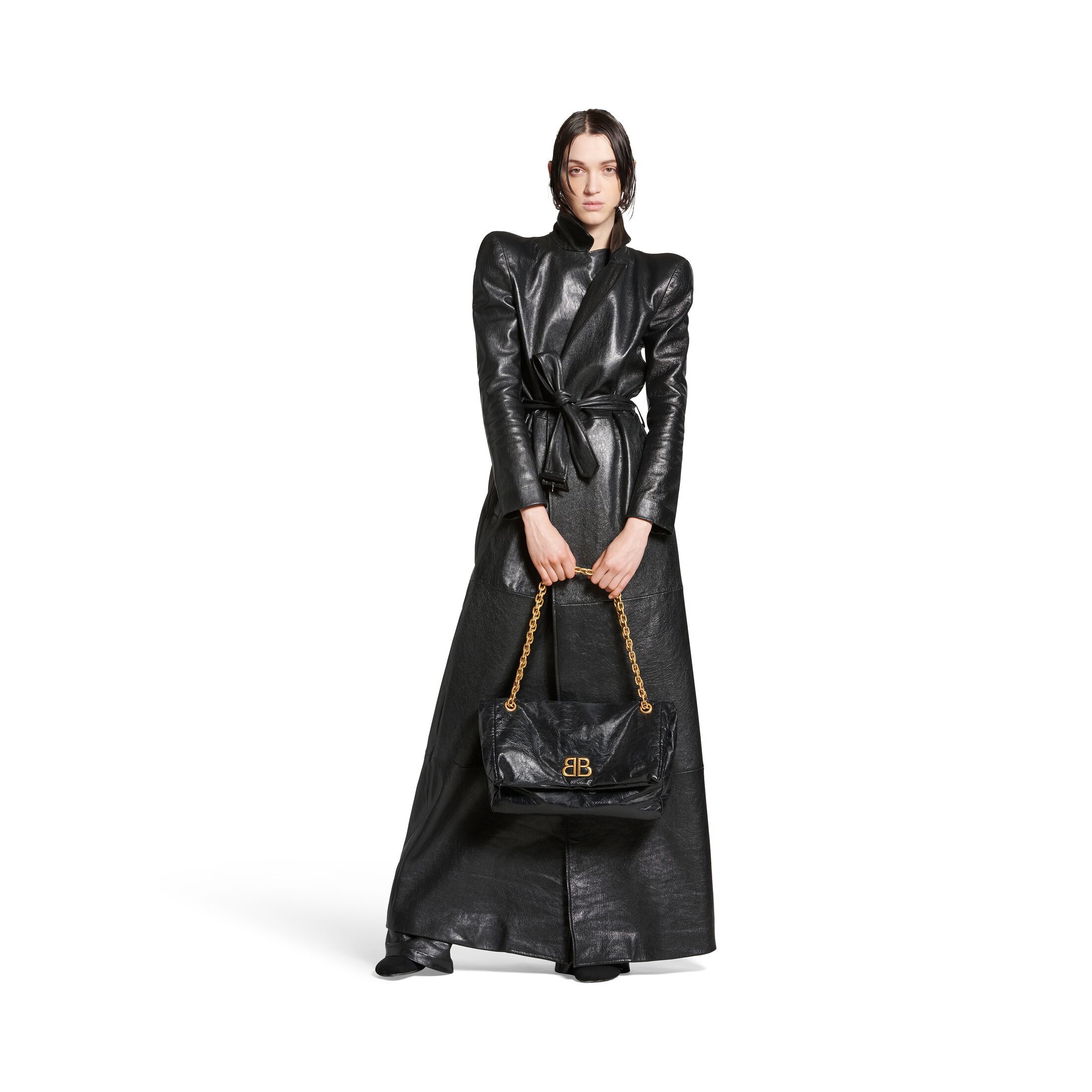 Balenciaga Black Leather Small Monaco Handbag With Chain In Black