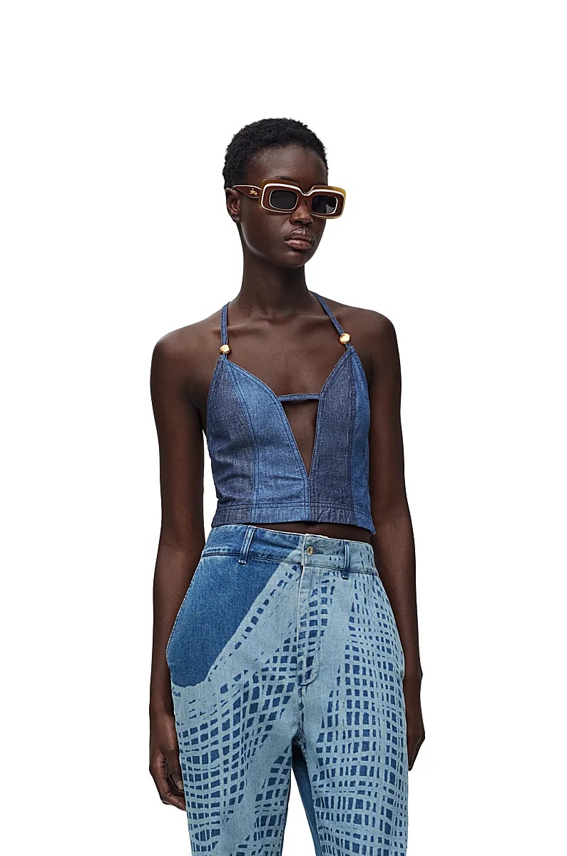 Loewe X Paula Ibiza Anagram-beaded Strappy Plunging Crop Top In Blue